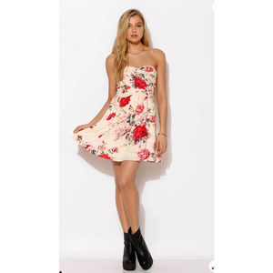 Urban Outfitters Kimchi Blue Floral Strapless Cotton Pink Green Dress Sz Small